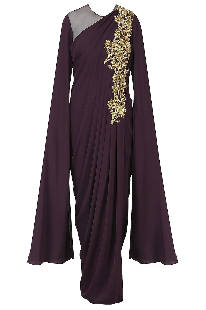 Wine Embroidered Cape Sleeves Drape Gown by Neeta Lulla
