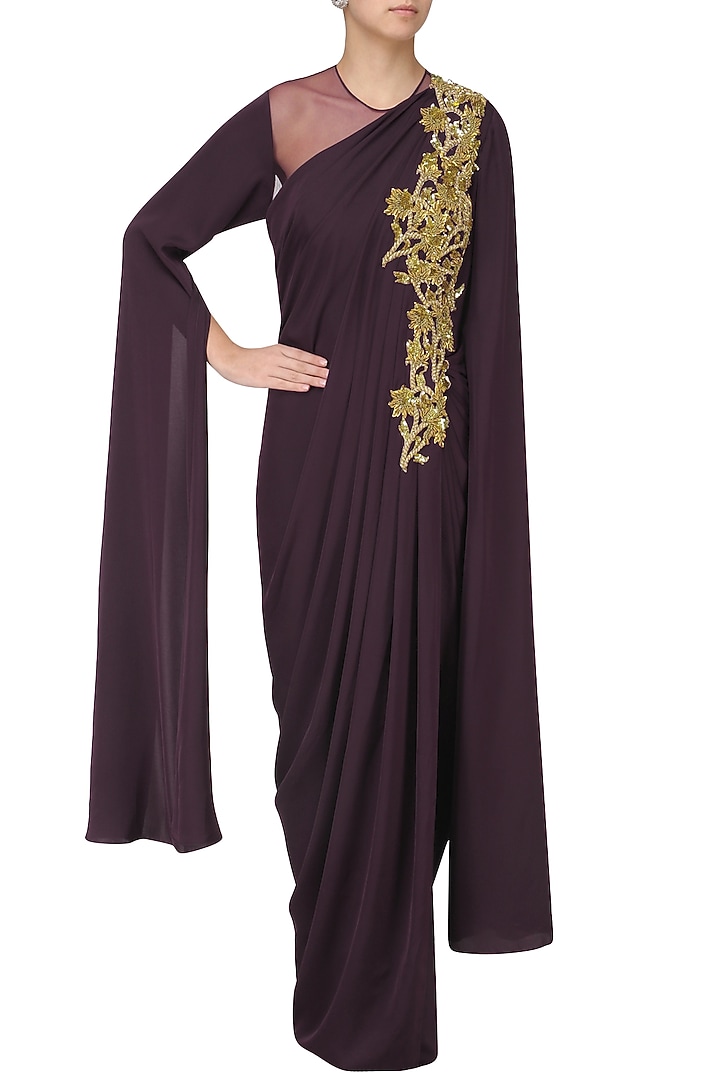 Wine embroidered cape sleeves drape gown available only at Pernia's Pop Up Shop.