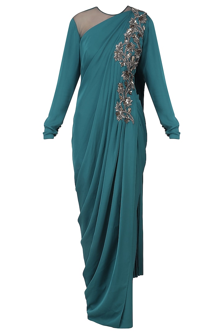 Blue Embroidered Long Slit Drape Gown by Neeta Lulla