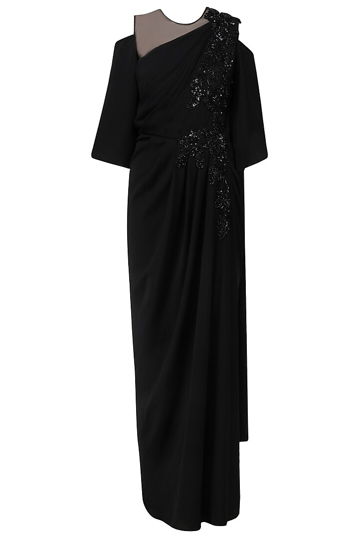 Black Embroidred Cold Shoulder Drape Gown by Neeta Lulla