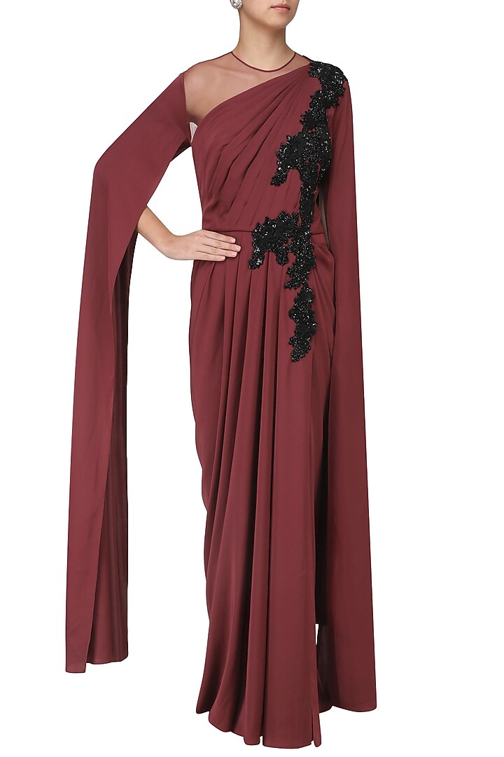Marsala embroidred cape sleeves drape gown available only at Pernia's Pop Up Shop.