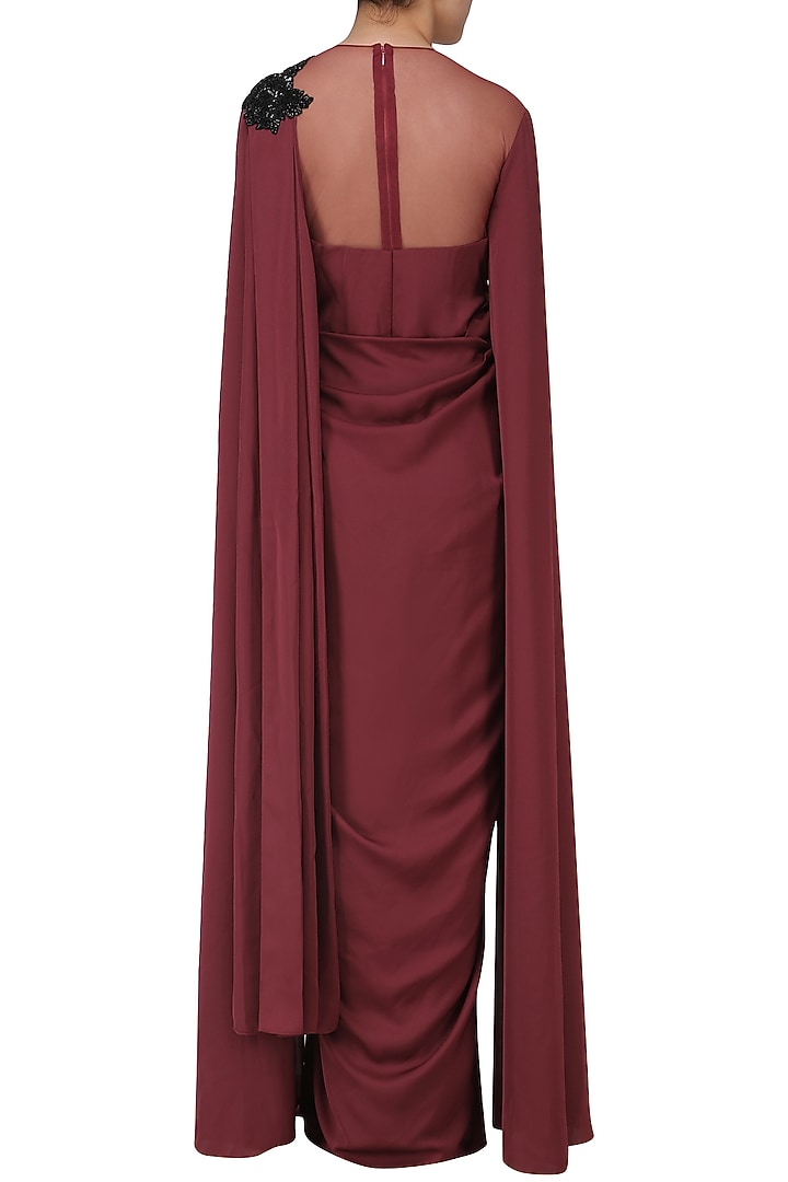 Marsala embroidred cape sleeves drape gown available only at Pernia's Pop Up Shop.