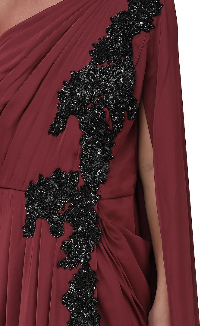 Marsala embroidred cape sleeves drape gown available only at Pernia's Pop Up Shop.