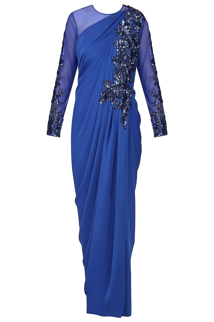 Royal Blue Embroidered Full Sleeves Drape Gown by Neeta Lulla