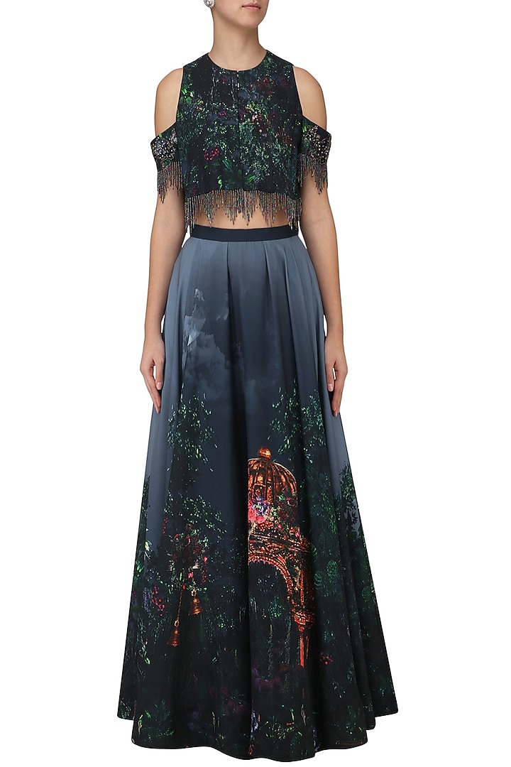 Navy blue digital printed lehenga and tierred fringes crop top available only at Pernia's Pop Up Shop.