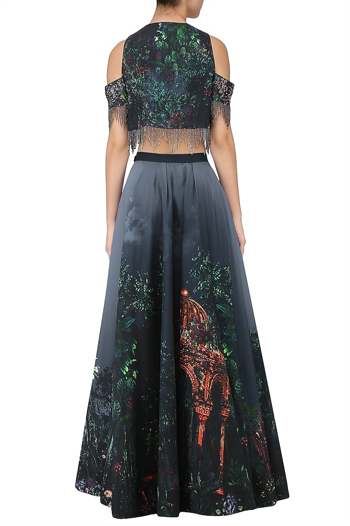Navy blue digital printed lehenga and tierred fringes crop top available only at Pernia's Pop Up Shop.