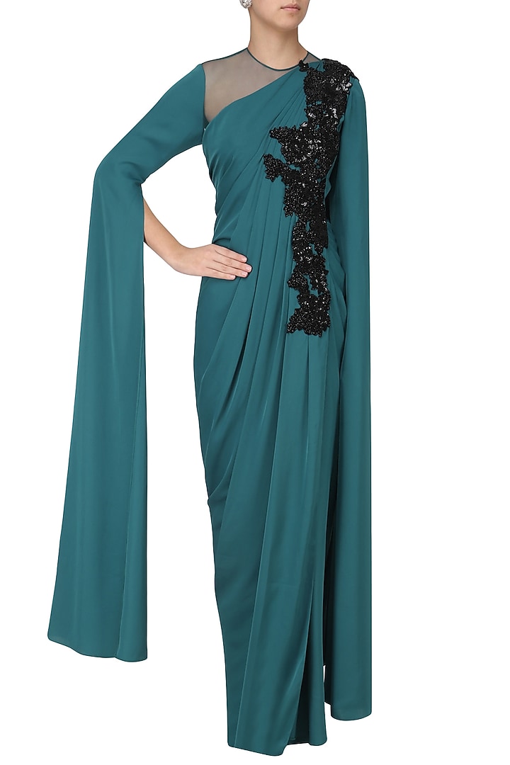 Blue cutdana work cape sleeves drape gown available only at Pernia's Pop Up Shop.