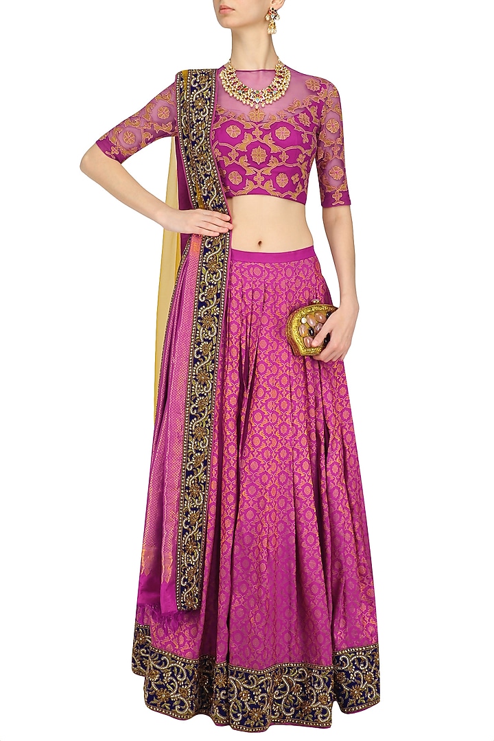 Orchid color kanjivaram lehenga skirt with blue blouse available only at Pernia's Pop Up Shop.
