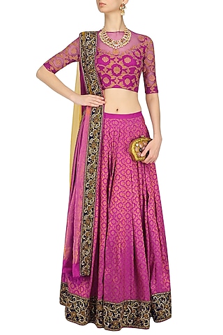 Orchid Color Kanjivaram Lehenga Skirt with Blue Blouse by Neeta Lulla