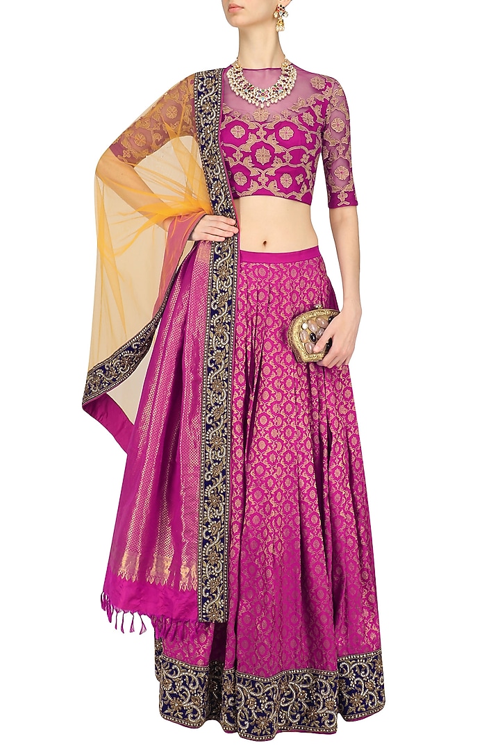 Orchid color kanjivaram lehenga skirt with blue blouse available only at Pernia's Pop Up Shop.