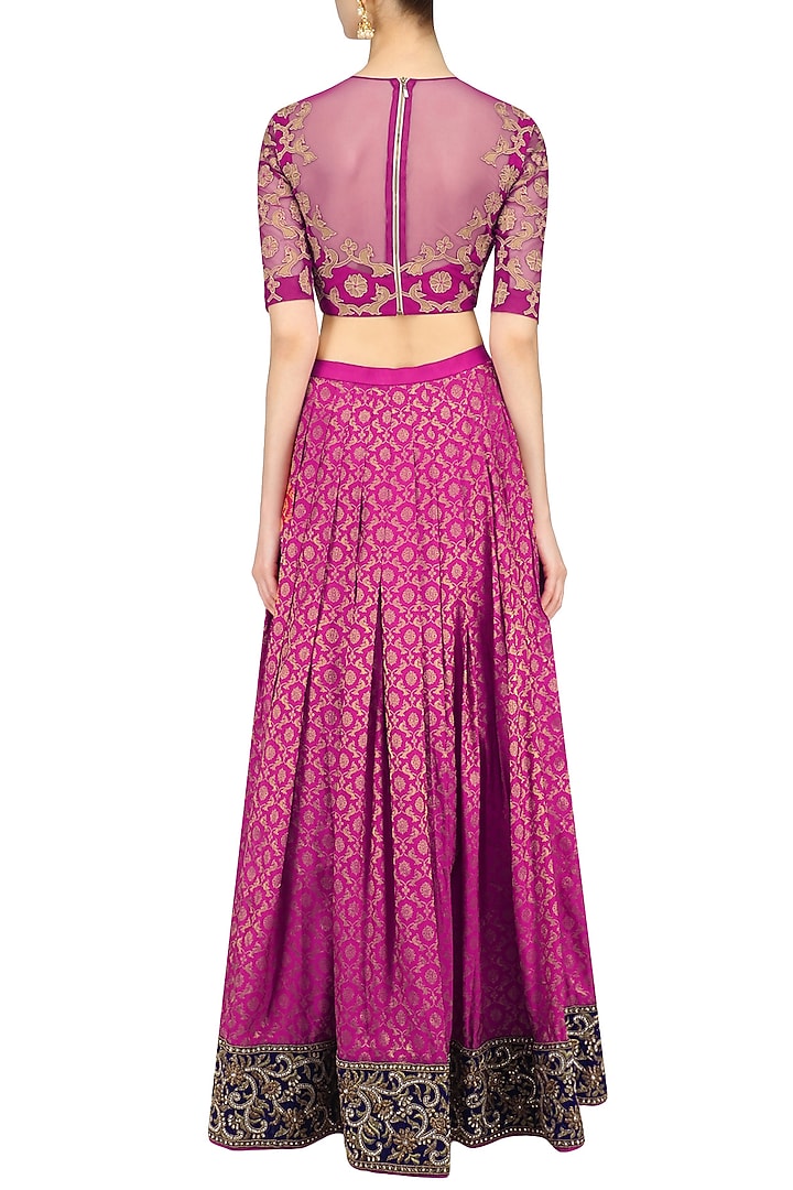 Orchid color kanjivaram lehenga skirt with blue blouse available only at Pernia's Pop Up Shop.