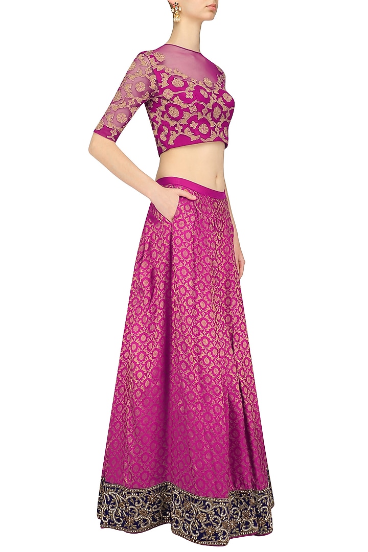 Orchid color kanjivaram lehenga skirt with blue blouse available only at Pernia's Pop Up Shop.