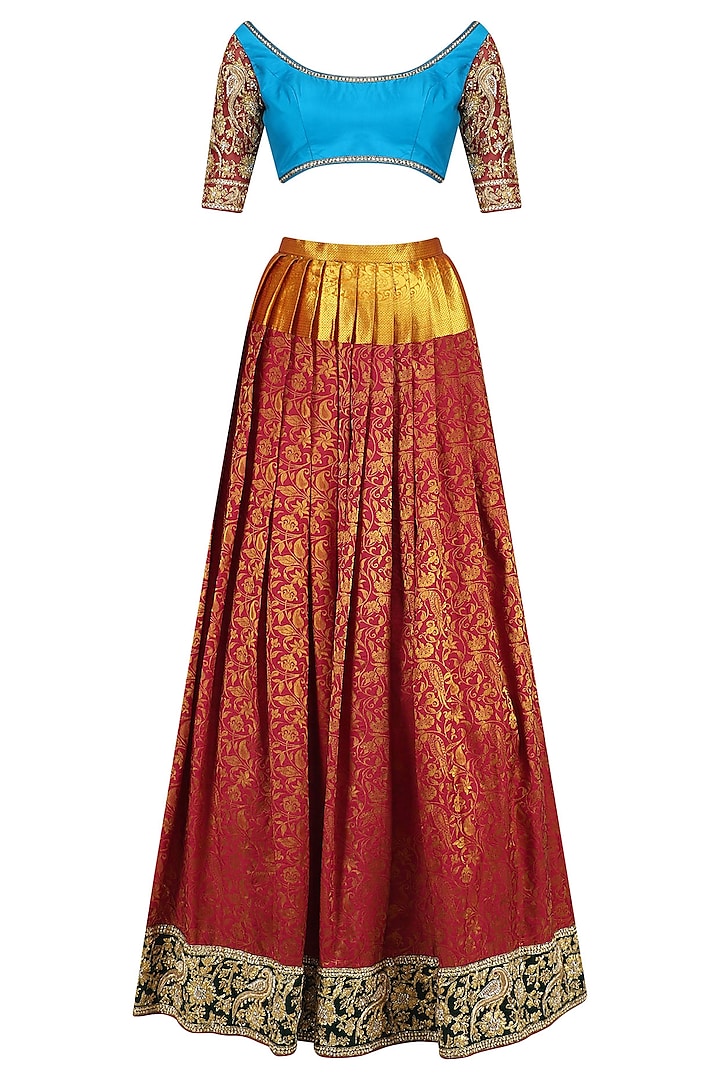 Red kanjivaram lehenga skirt and blouse set available only at Pernia's Pop Up Shop.