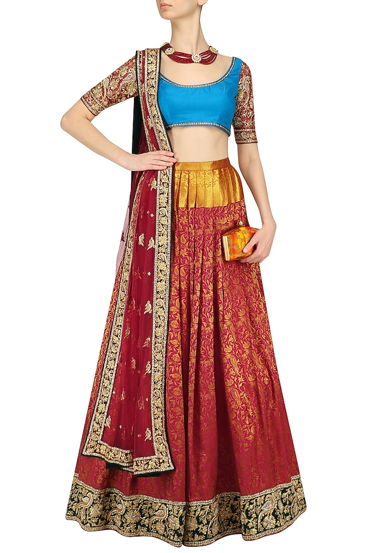 Red kanjivaram lehenga skirt and blouse set available only at Pernia's Pop Up Shop.