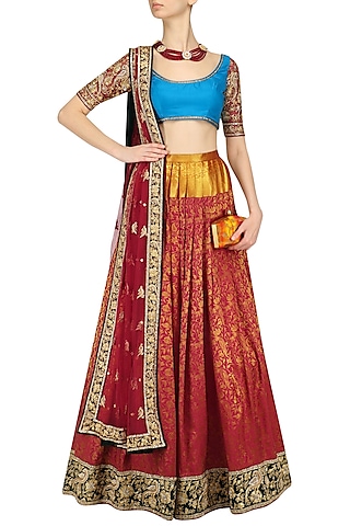 Red Kanjivaram Lehenga Skirt and Blouse Set by Neeta Lulla