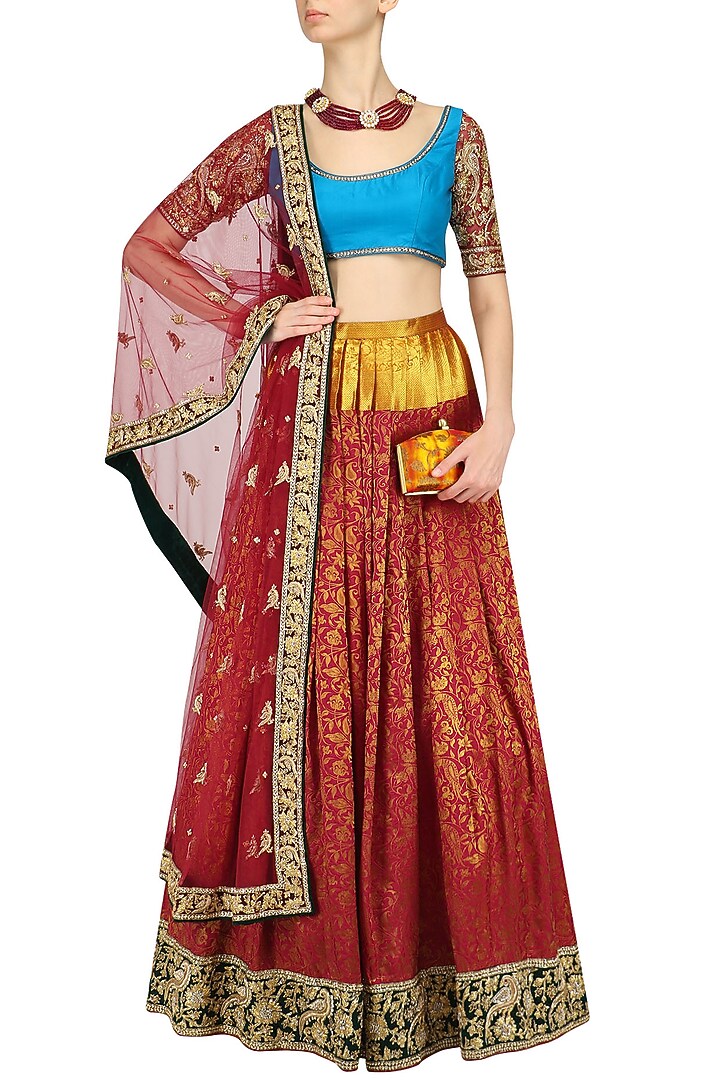 Red kanjivaram lehenga skirt and blouse set available only at Pernia's Pop Up Shop.