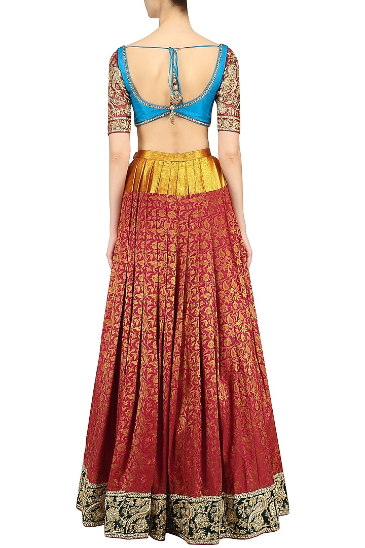 Red kanjivaram lehenga skirt and blouse set available only at Pernia's Pop Up Shop.