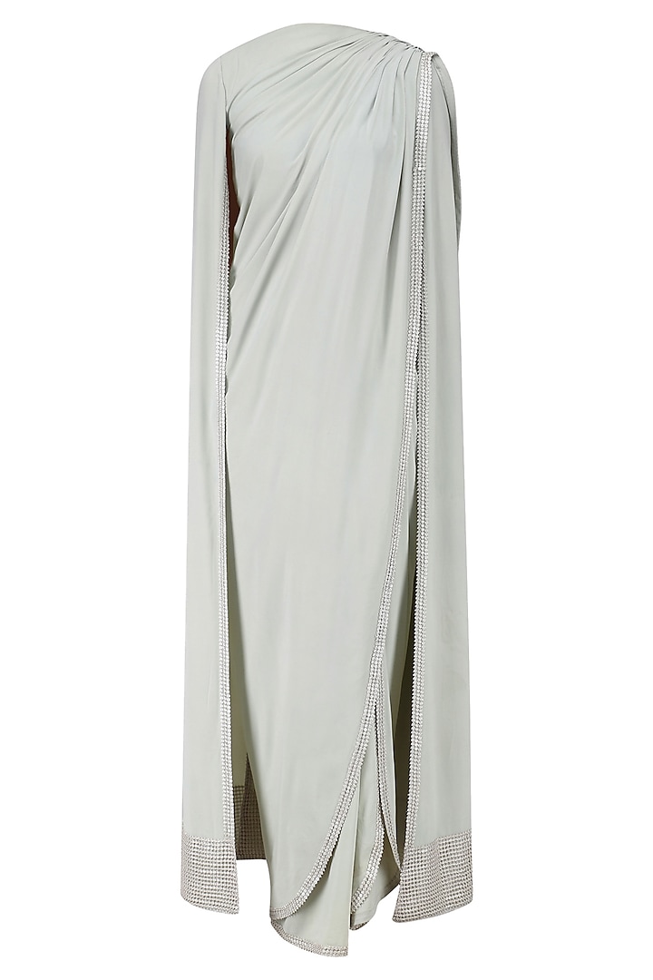Grey Drape Saree and Cape Sleeves Blouse Set by Neeta Lulla