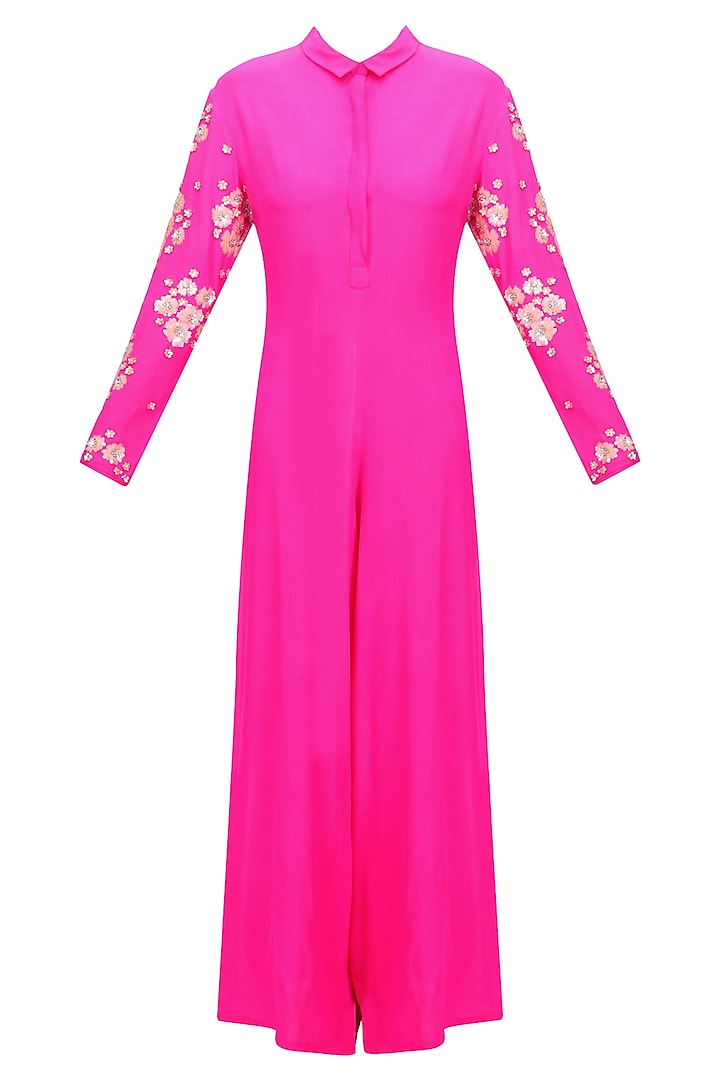 Hot Pink Floral Embroidered Jumpsuit by Neeta Lulla