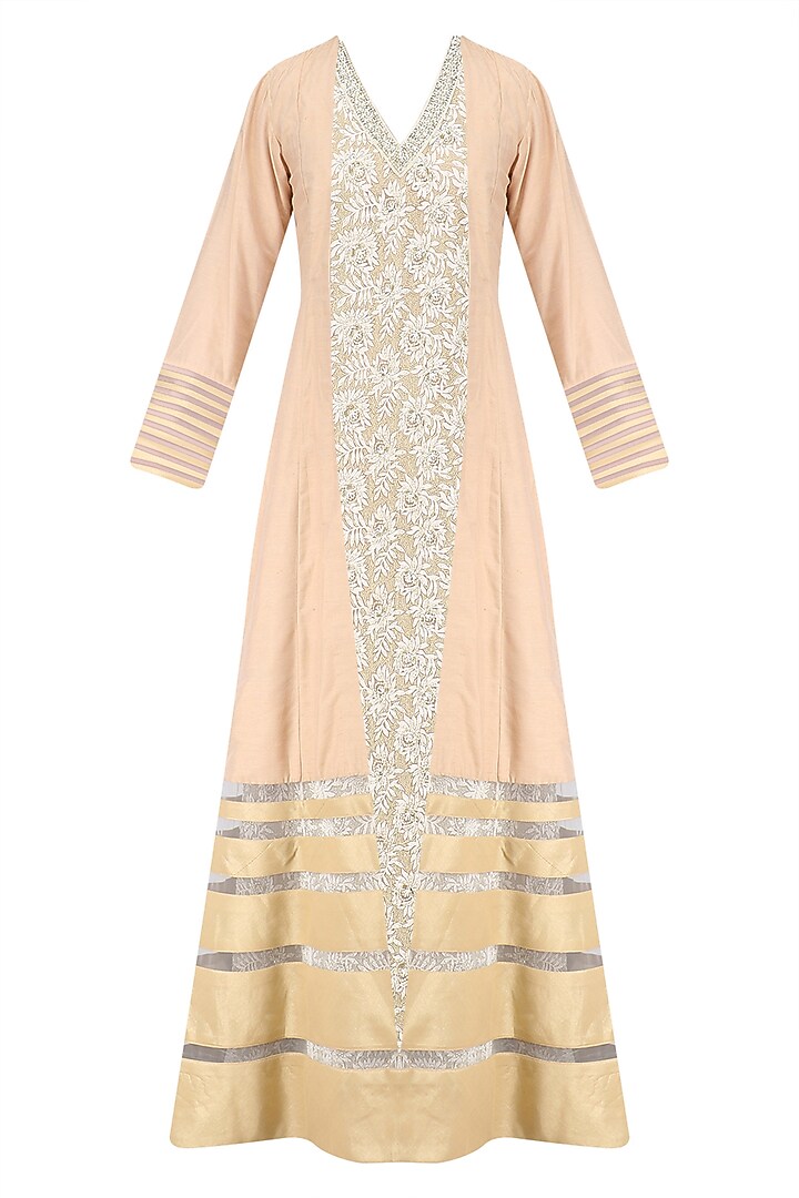 Beige floral thread work anarkali kurta and jacket set available only at Pernia's Pop Up Shop.