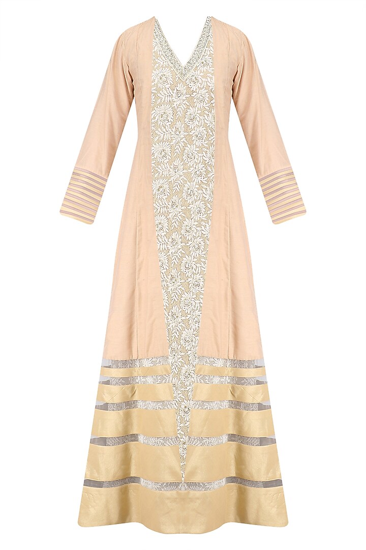 Beige Floral Thread Work Anarkali Kurta and Jacket Set by Neeta Lulla