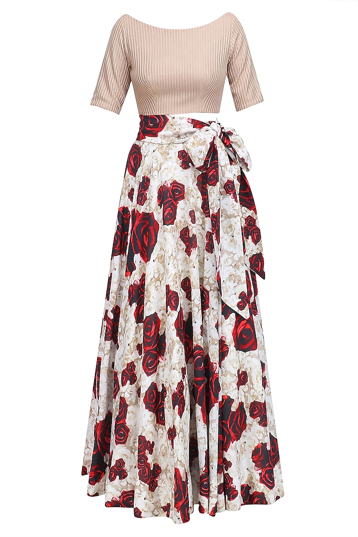 Beige Gold Crop Top and Roses Printed Skirt Set by Neeta Lulla