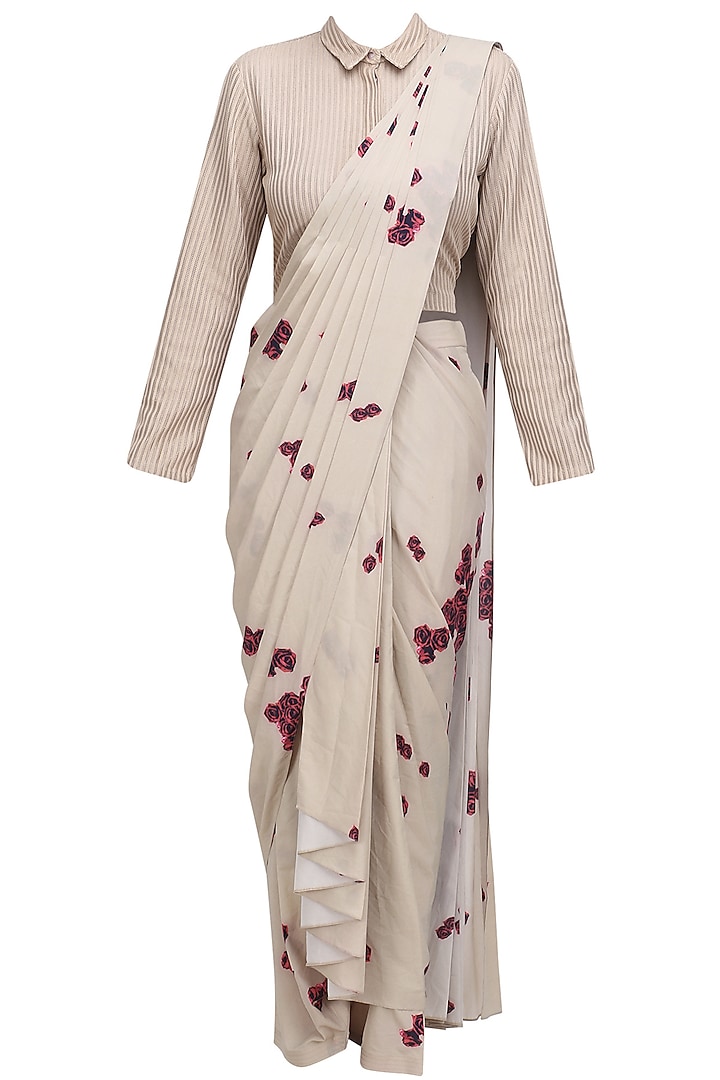 Beige Gold and Red Roses Print Anarkali Gown by Neeta Lulla