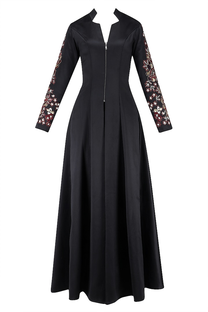 Black floral embroidered jacket style kurta and pants set available only at Pernia's Pop Up Shop.