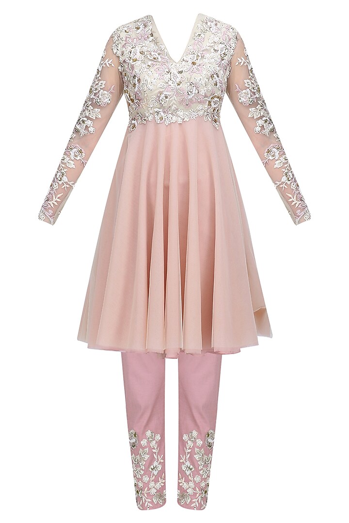 Pink and Ivory Floral Thread Embroidered Short Anarkali and Pants Set by Neeta Lulla