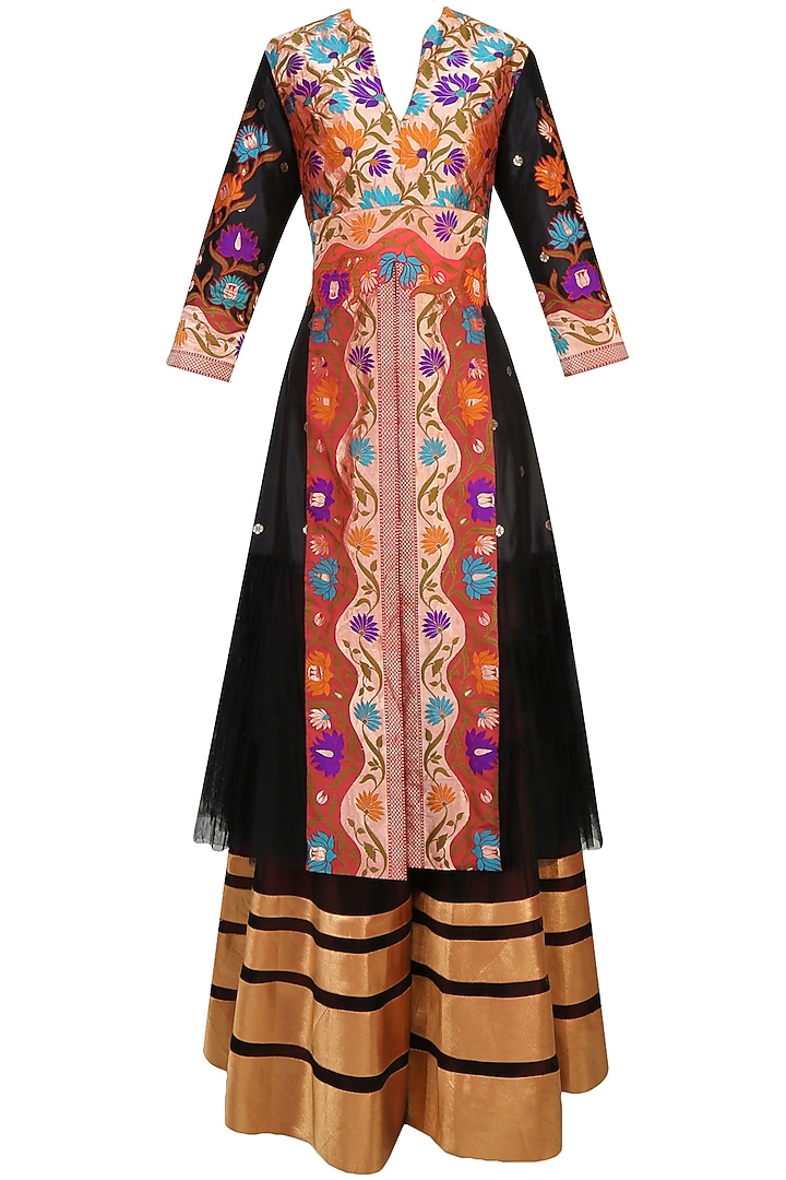 Black floral pathani work jacket style kurta and lehenga skirt set available only at Pernia's Pop Up Shop.