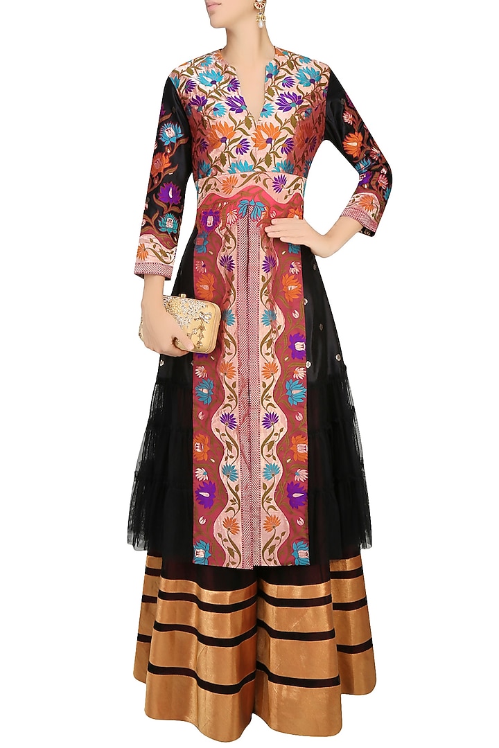 Black floral pathani work jacket style kurta and lehenga skirt set available only at Pernia's Pop Up Shop.