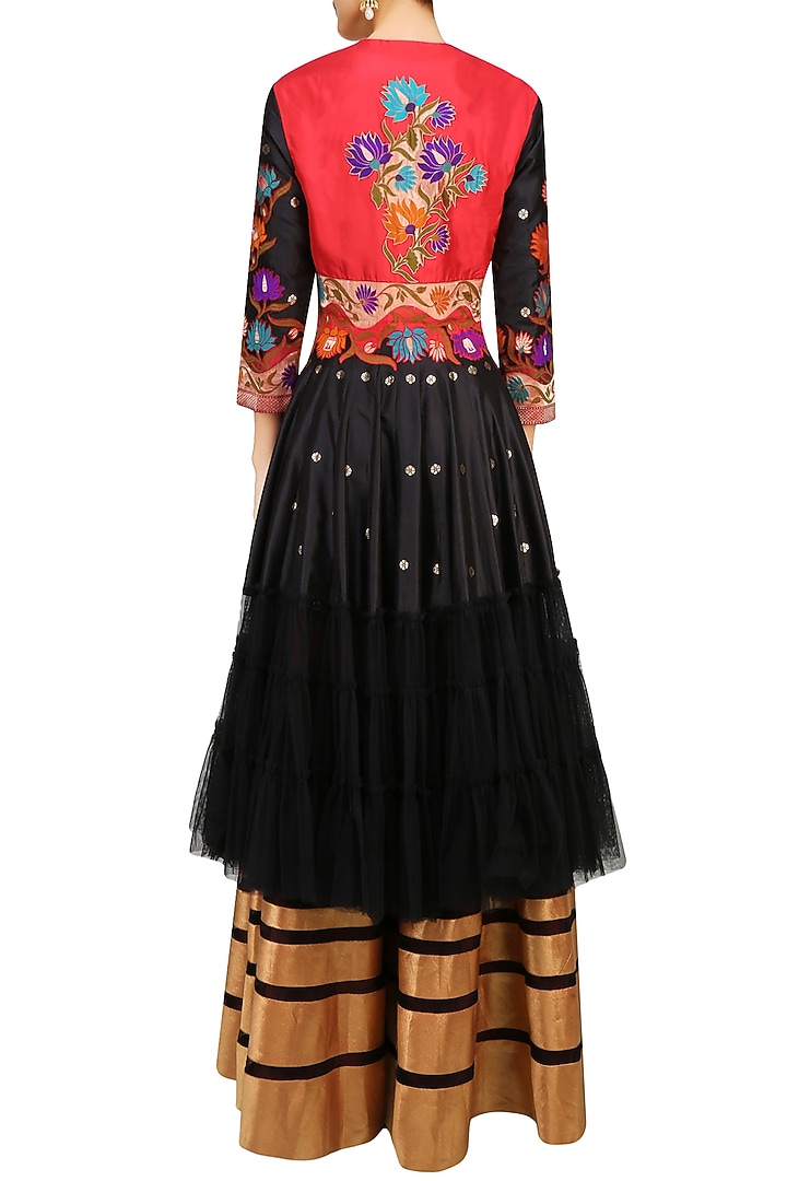 Black floral pathani work jacket style kurta and lehenga skirt set available only at Pernia's Pop Up Shop.