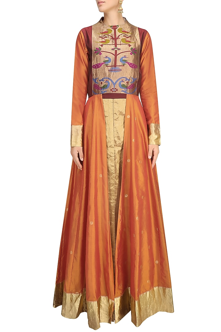 Orange bird motifs flared anarkali style kurta and maroon pants set available only at Pernia's Pop Up Shop.