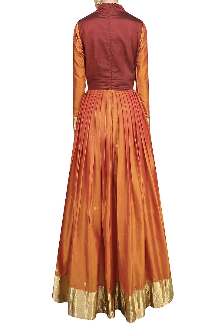 Orange bird motifs flared anarkali style kurta and maroon pants set available only at Pernia's Pop Up Shop.