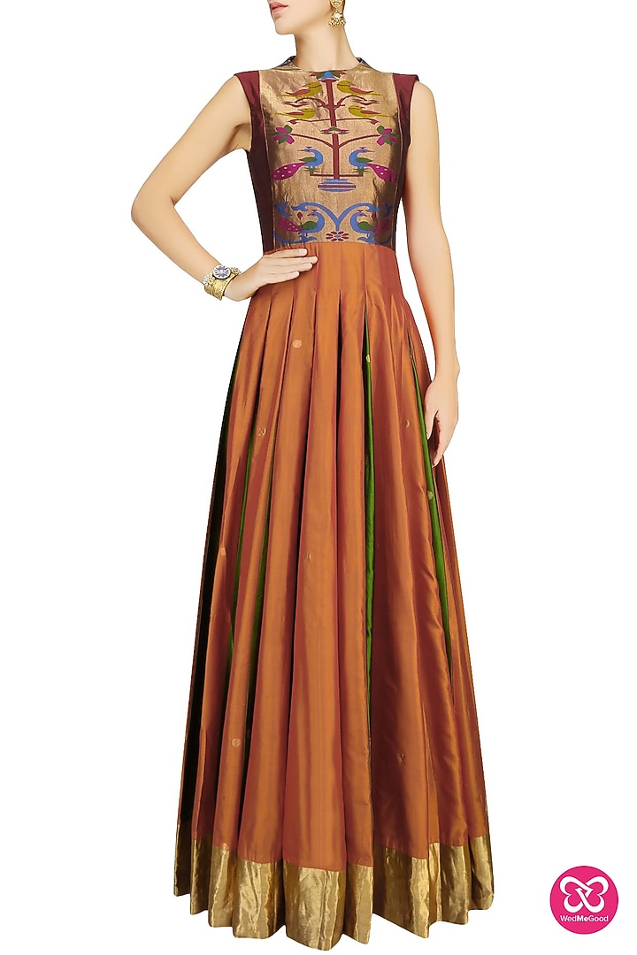 Orange and green bird motifs flared anarkali kurta available only at Pernia's Pop Up Shop.