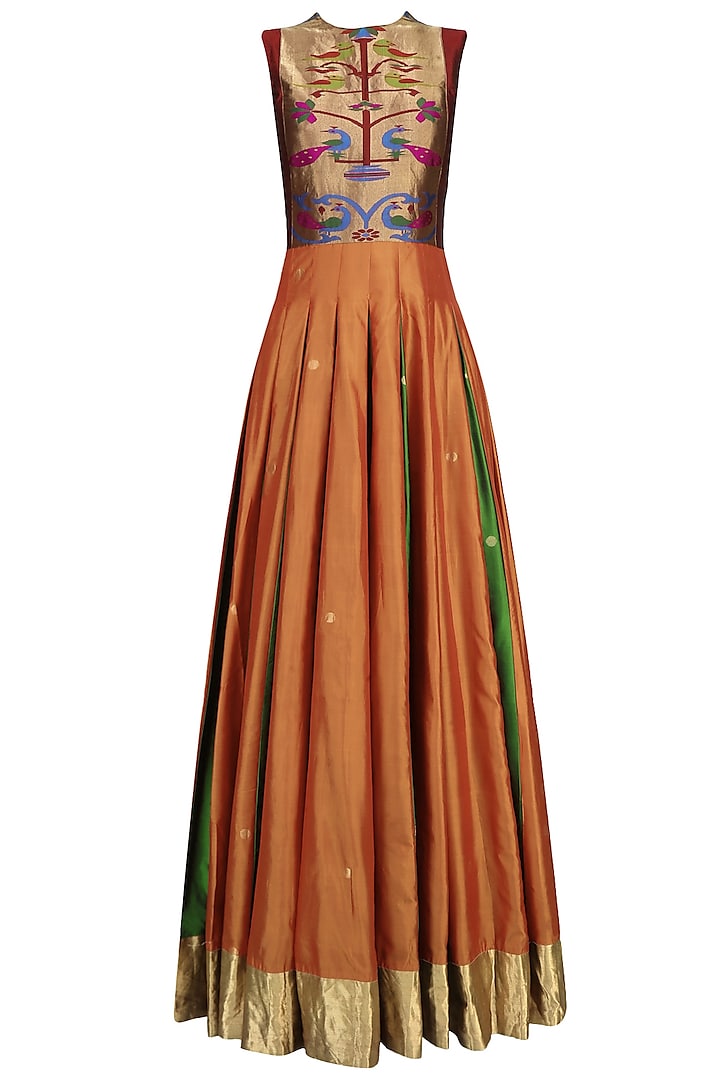 Orange and green bird motifs flared anarkali kurta available only at Pernia's Pop Up Shop.