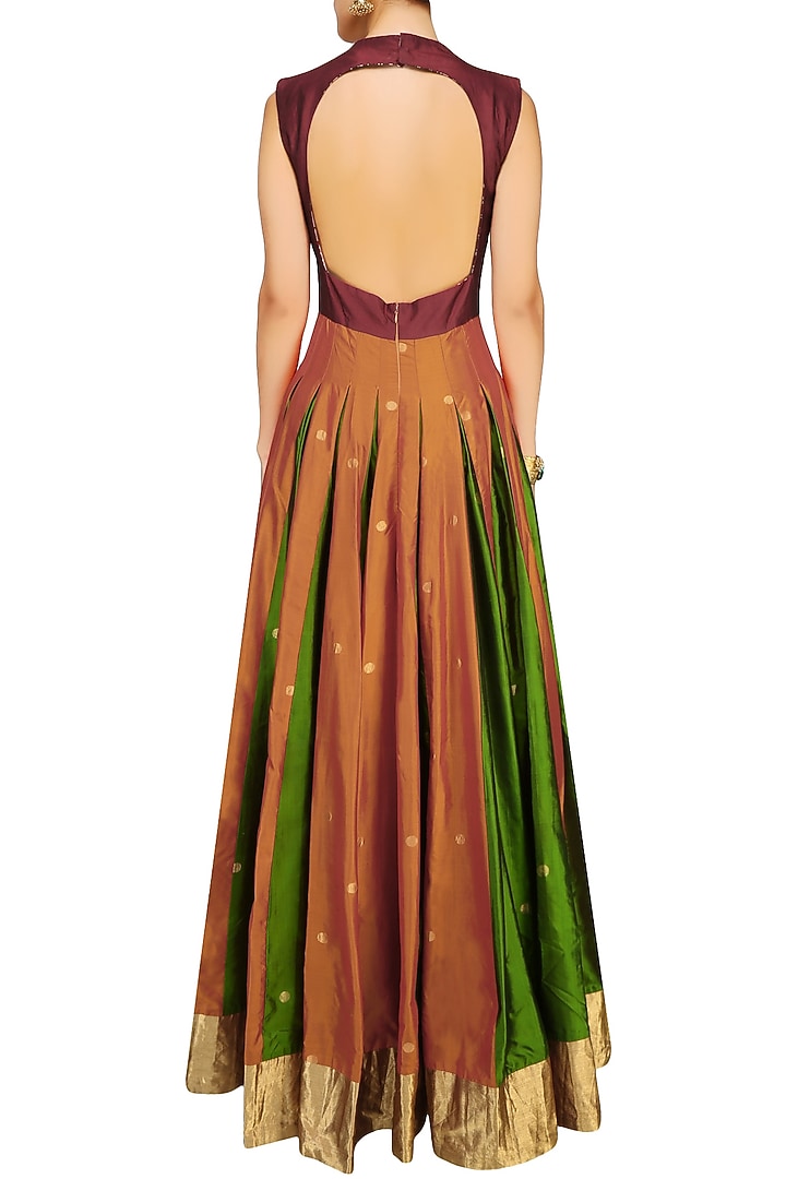 Orange and green bird motifs flared anarkali kurta available only at Pernia's Pop Up Shop.