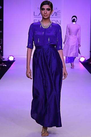 Cobalt Blue Embroidered Blouse with Gathered Skirt by Neeta Lulla