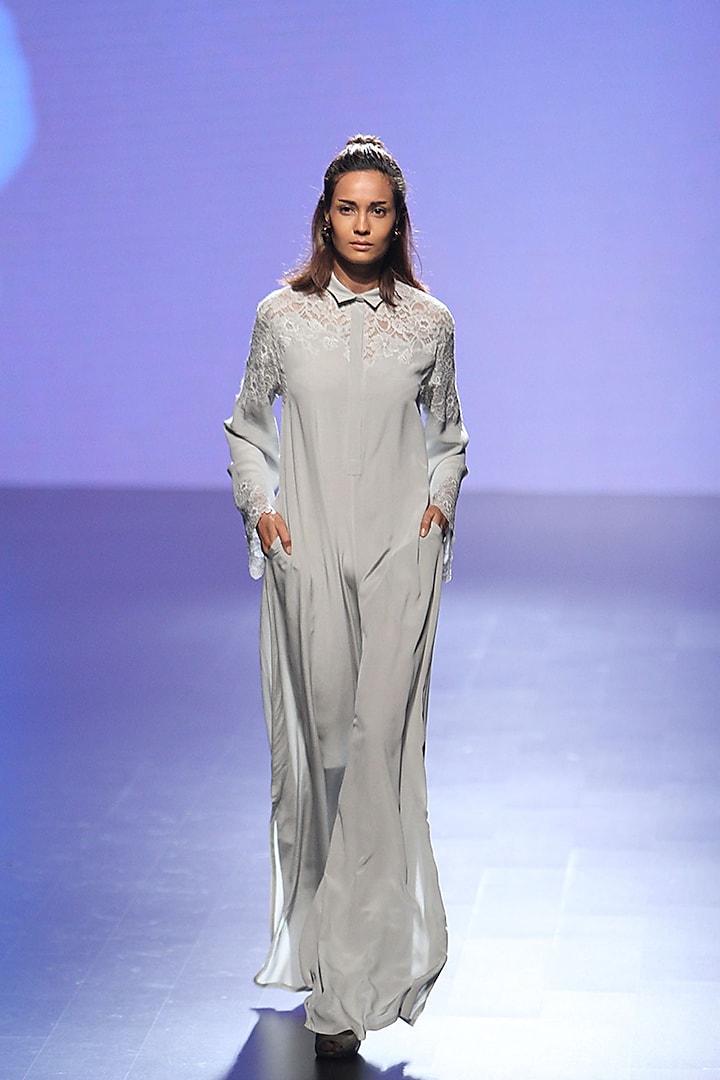 Grey Chandelier Lace Full Sleeves Jumpsuit by Neeta Lulla