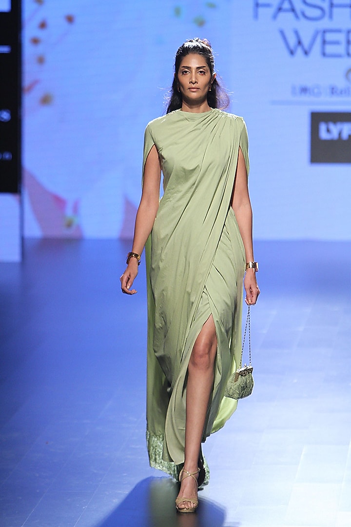 Olive green chandelier lace panel drape saree and blouse set available only at Pernia's Pop Up Shop.