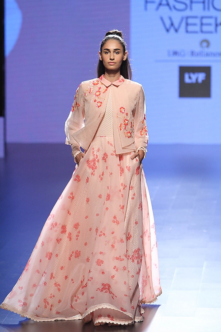Pink cherry blossom sequins embroidered anarkali and short jacket set available only at Pernia's Pop Up Shop.