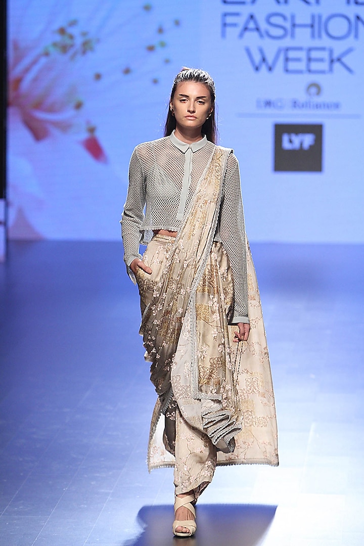 Grey Floral Printed Drape Saree, Pants, Shirt and Bralet Set by Neeta Lulla