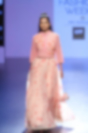 Pink cherry blossom printed anarkali and short jacket set available only at Pernia's Pop Up Shop.