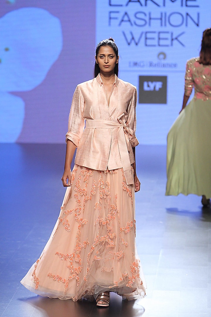 Peach floral embroidered lehenga and jacket set available only at Pernia's Pop Up Shop.