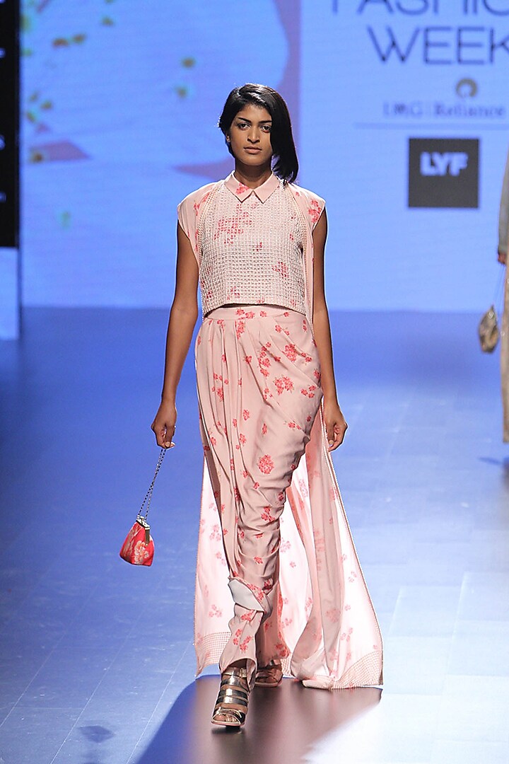 Pink cherry blossom printed sarong pants, jacket and crop top set available only at Pernia's Pop Up Shop.