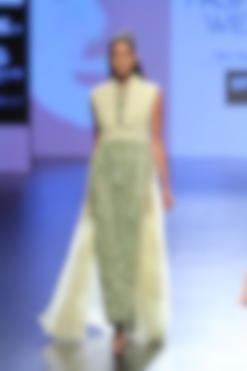 Olive green floral embroidered cape style jacket, kurta and pants set available only at Pernia's Pop Up Shop.