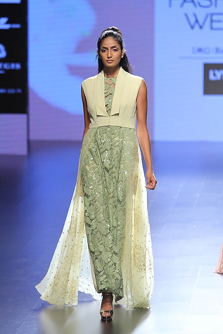 Olive green floral embroidered cape style jacket, kurta and pants set available only at Pernia's Pop Up Shop.