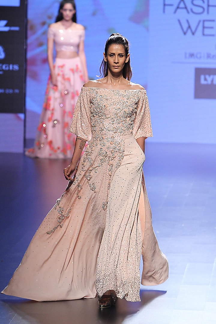 Pink floral embroidered flared off shoulder anarkali and flared pants set available only at Pernia's Pop Up Shop.