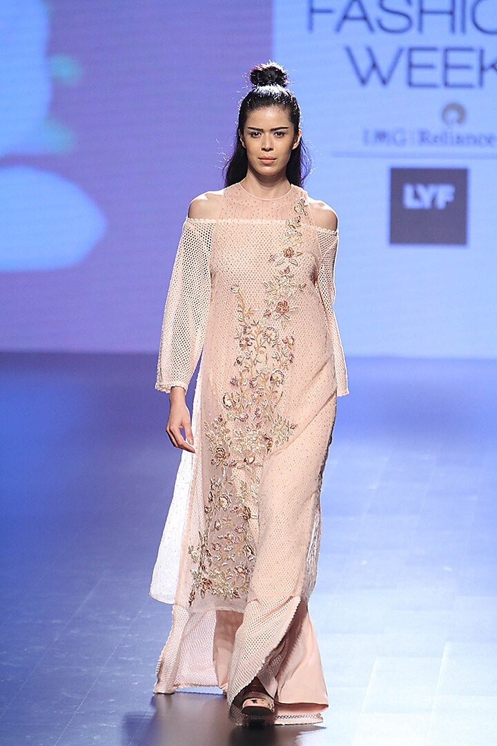 Pink Floral Embroidered Tunic and Flared Pants with Bralet by Neeta Lulla