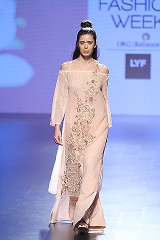 Pink Floral Embroidered Tunic and Flared Pants with Bralet by Neeta Lulla